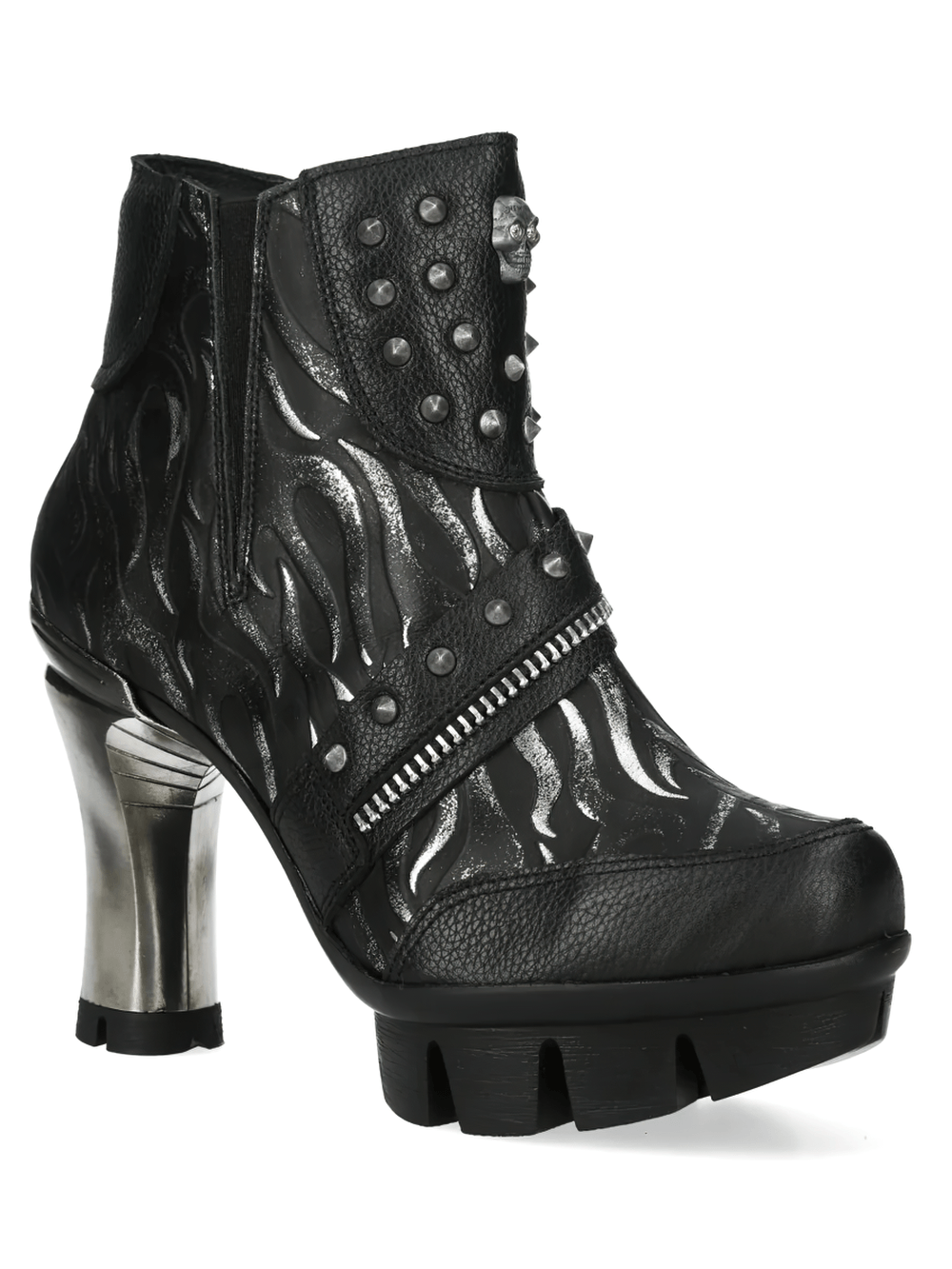 NEW ROCK Women's Gothic Skull Ankle Boots with Metal Heels featuring punk flame motifs and studded straps.