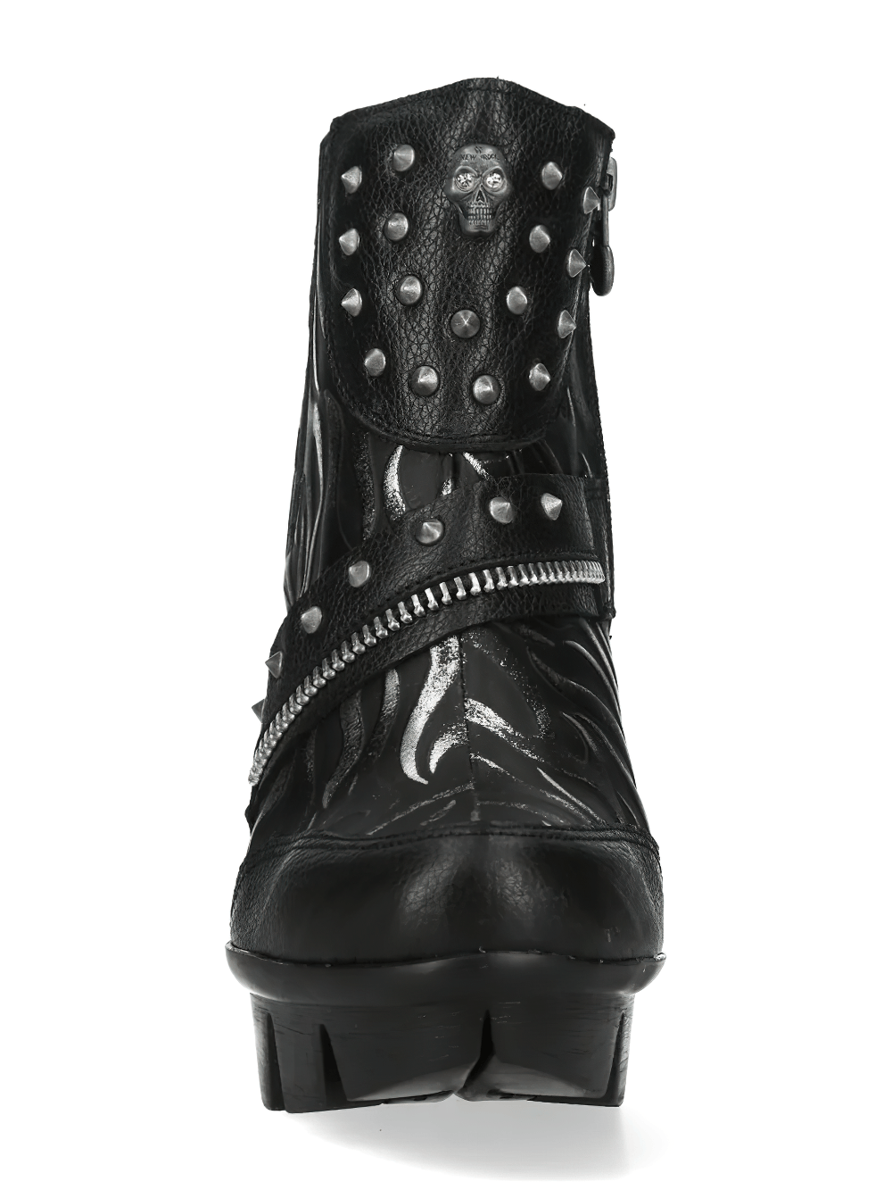 NEW ROCK Women's Gothic Skull Ankle Boots with Metal Heels featuring studded details and metallic flame motifs.