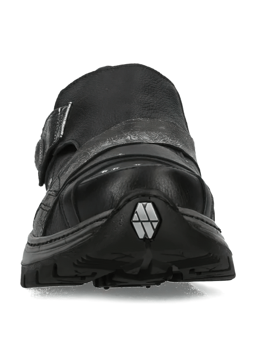 NEW ROCK Women's Gothic Slip-On Shoes with Silver Straps, showcasing the black finish and industrial sole detail.