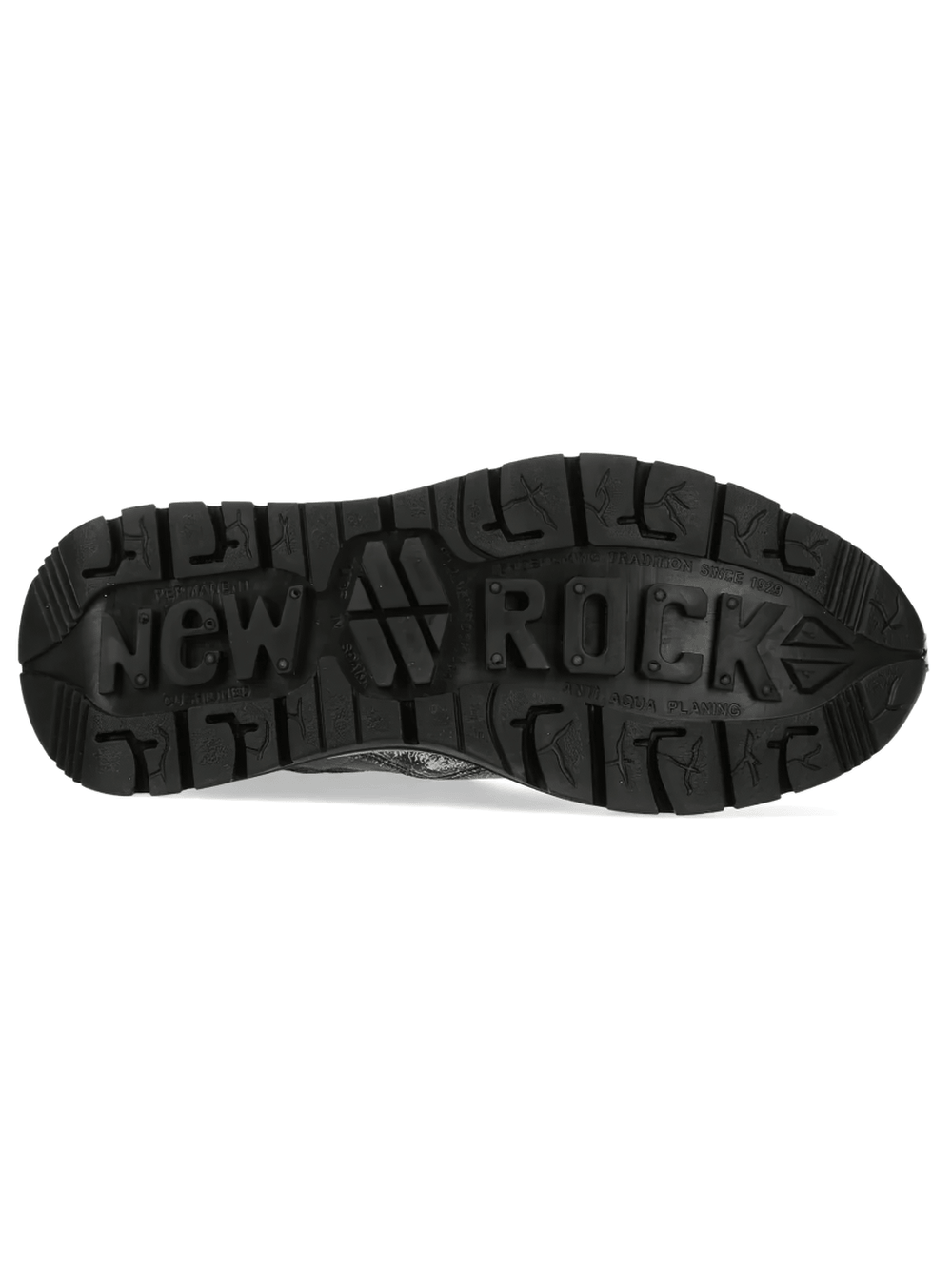 NEW ROCK Women's Gothic Slip-On Shoes with Silver Straps showcasing the rugged industrial sole detailing.