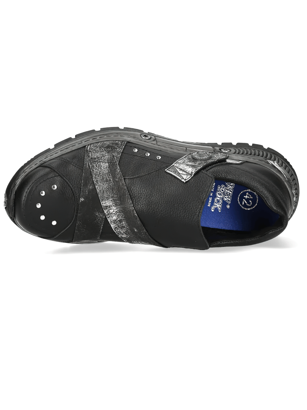 NEW ROCK Women's Gothic Slip-On Shoes with Silver Straps, featuring distressed straps and an industrial sole.