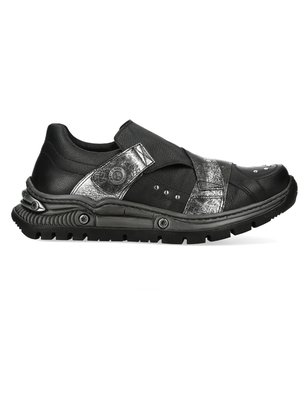 NEW ROCK Women's Gothic Slip-On Shoes with Silver Straps in black with distressed silver detailing and industrial sole.