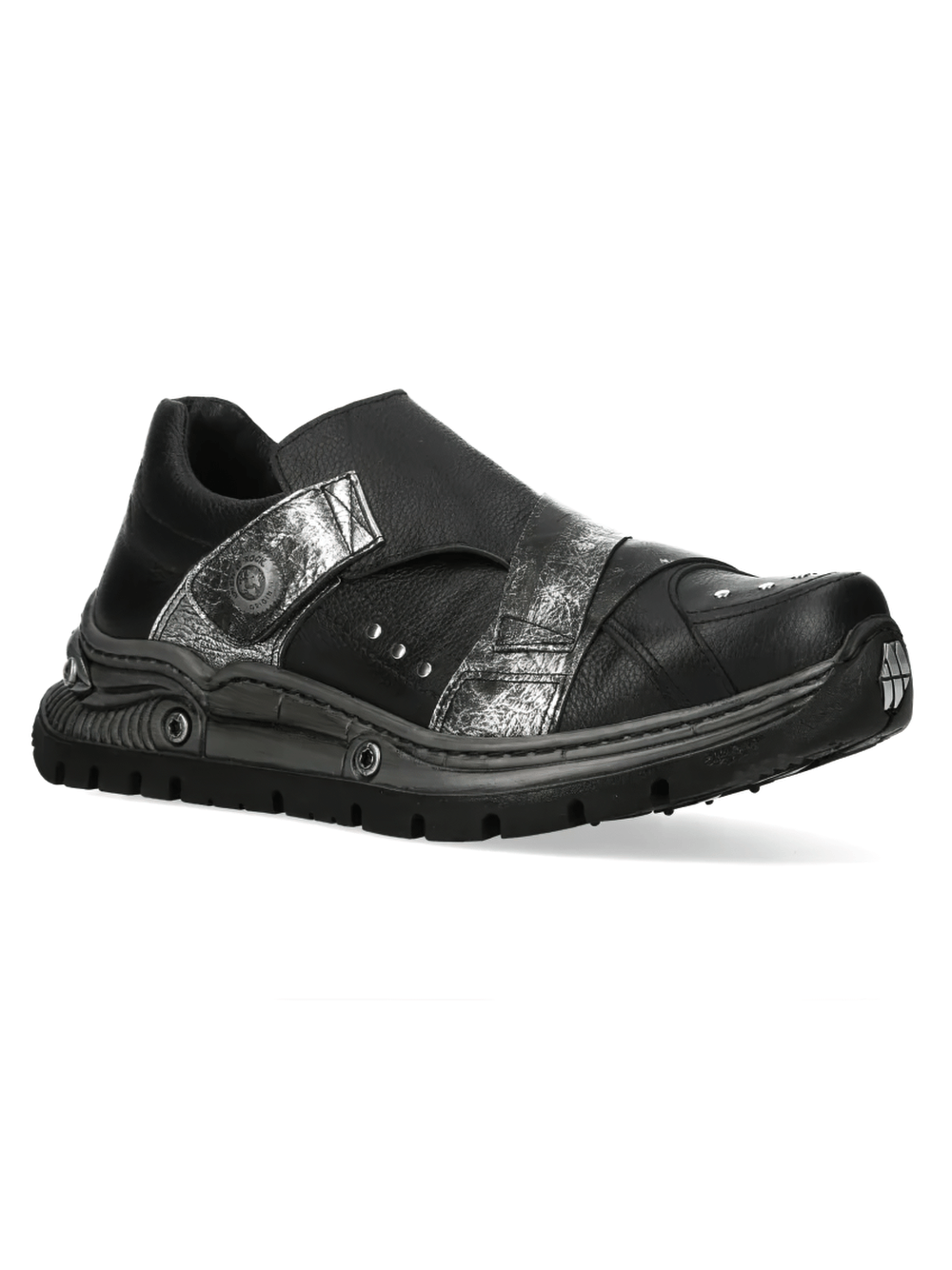 NEW ROCK Women's Gothic Slip-On Shoes with Silver Straps showcasing a stylish black design and distressed silver straps.