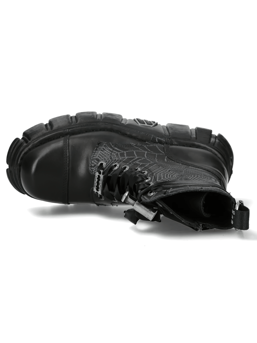 NEW ROCK Women's Gothic Spiderweb Boots with Cross Detailing showcasing spiderweb embroidery and chunky sculpted sole.