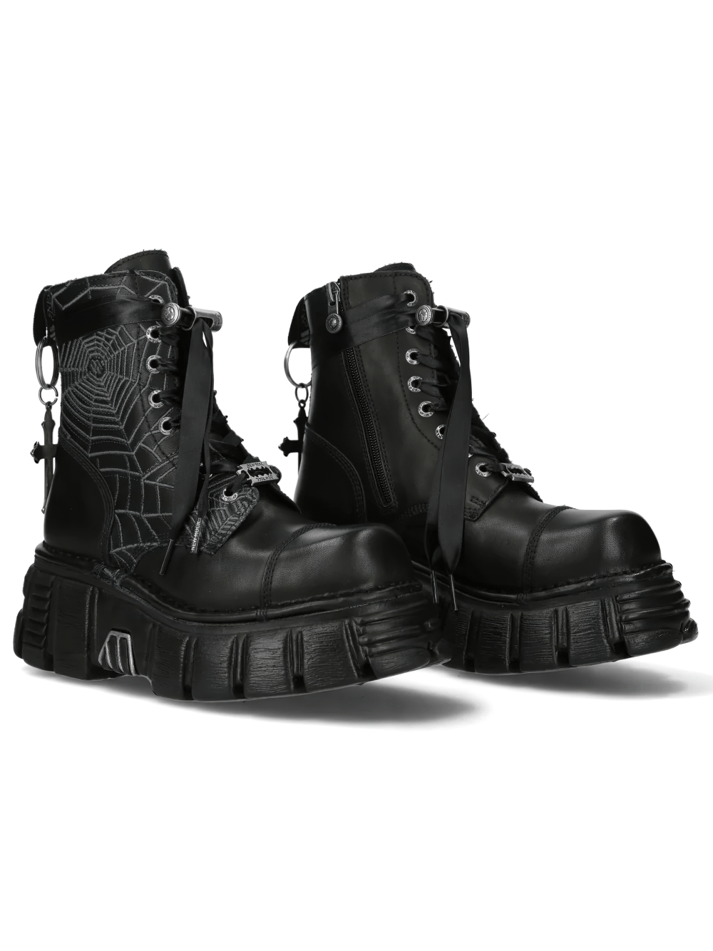 NEW ROCK Women's Gothic Spiderweb Boots with Cross Detailing featuring spiderweb embroidery and chunky platform soles.