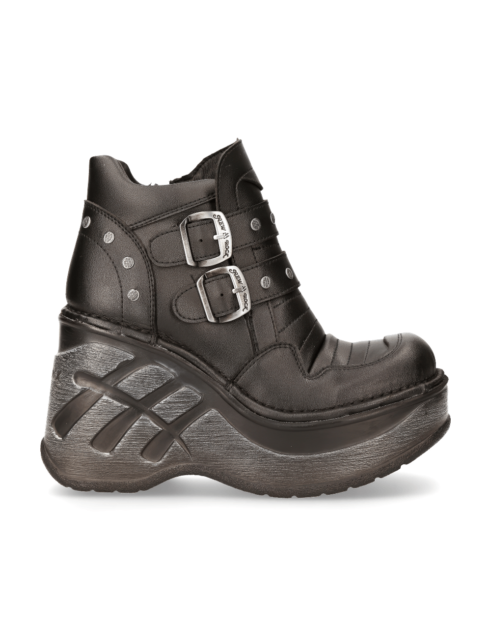 Stylish NEW ROCK black wedge ankle boots with dual buckles and edgy design, perfect for gothic fashion and rock style.