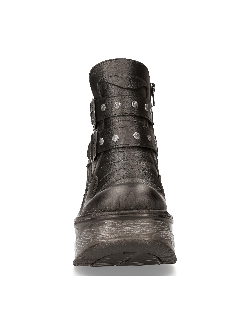 Back view of NEW ROCK women's gothic zip-up black ankle boots with buckle straps and robust design.