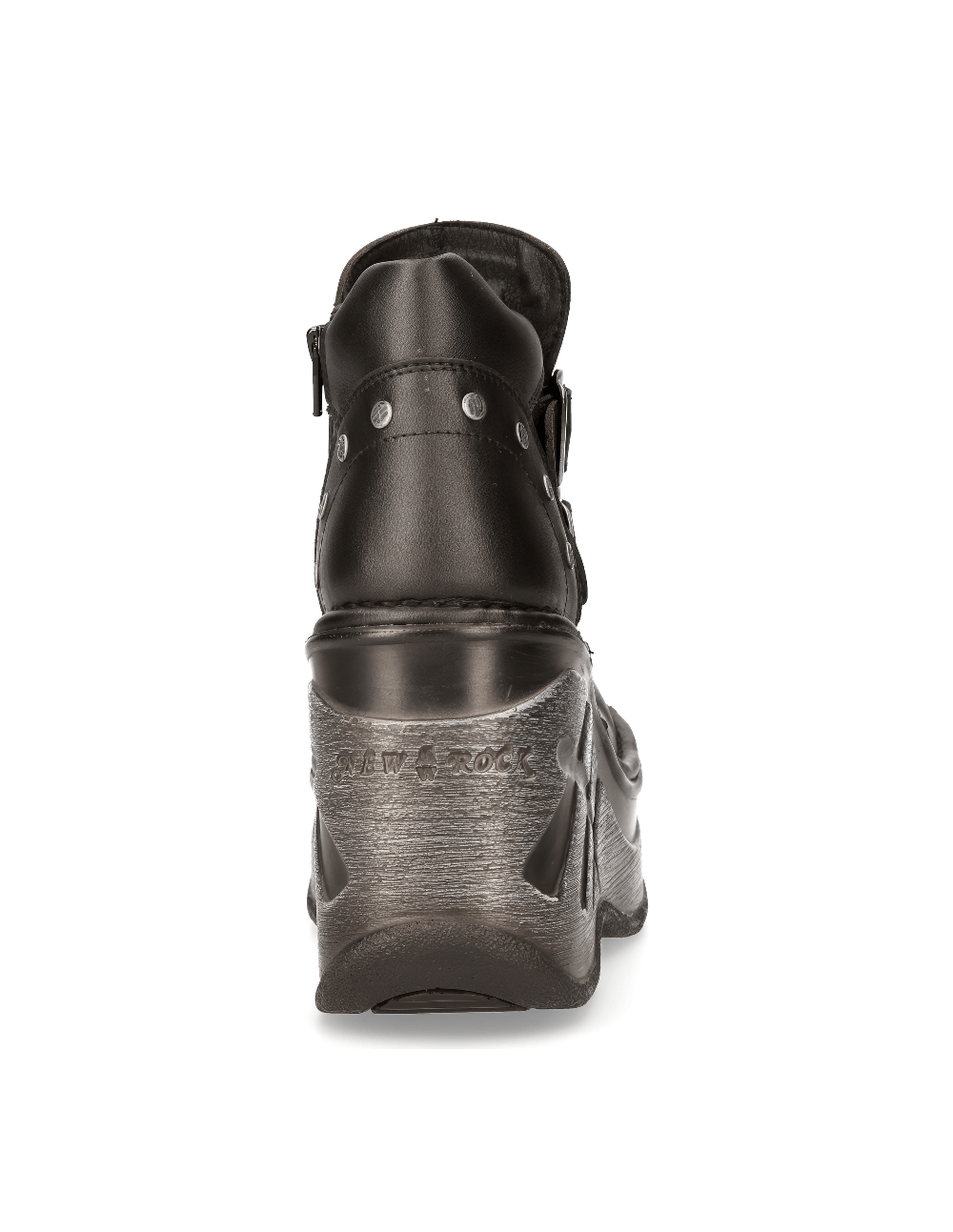 Back view of NEW ROCK Women's Gothic Black Zip-Up Ankle Boots showcasing the wedge heel and detailed craftsmanship.