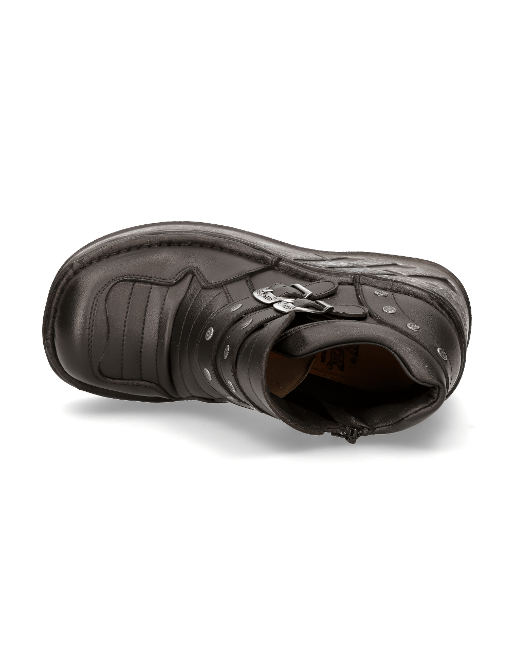 Top view of NEW ROCK women's gothic zip-up black ankle boots showcasing stylish design and secure zipper.