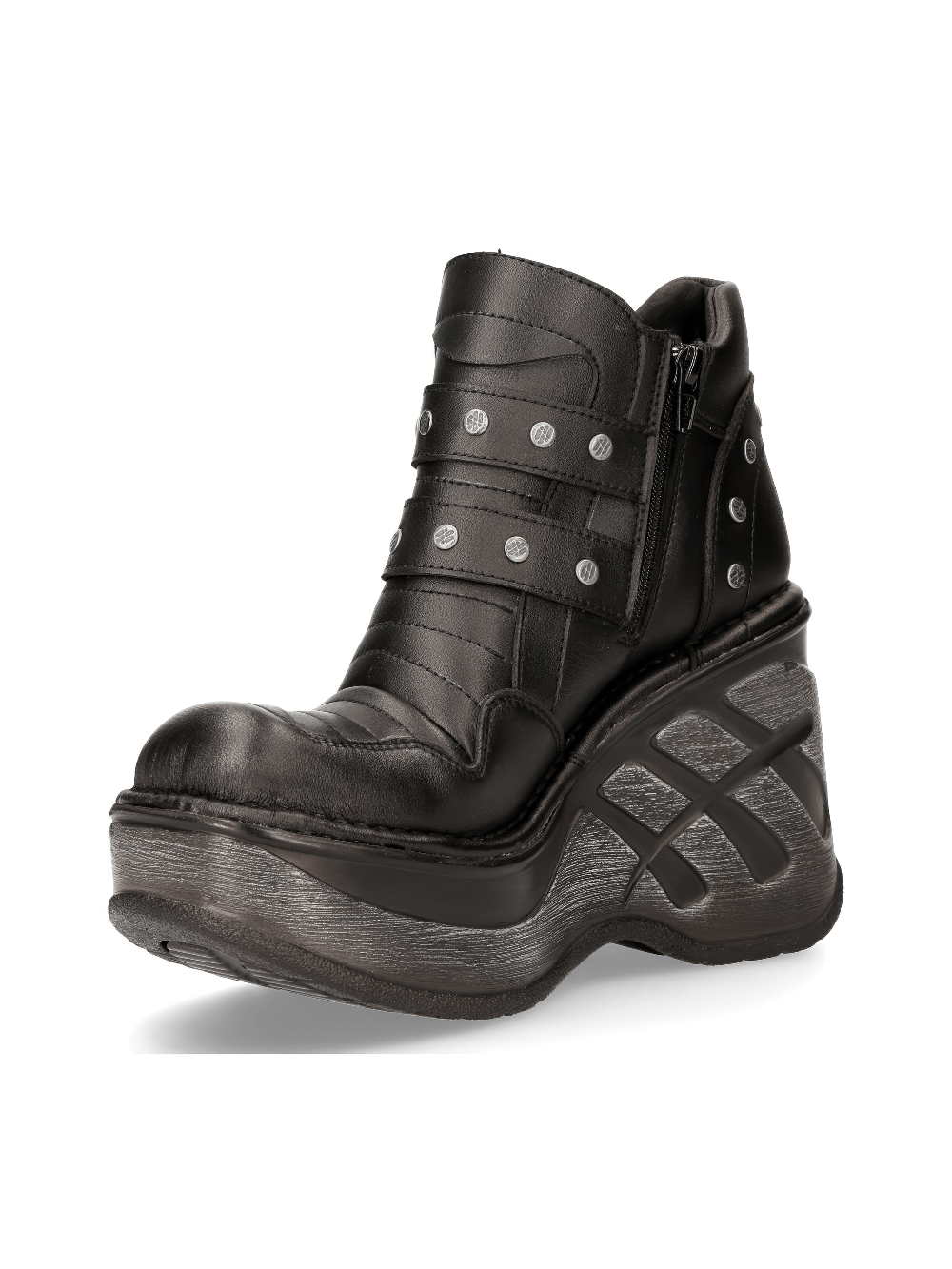NEW ROCK Women's Gothic Zip-Up Black Ankle Boots with wedge heel and edgy design.