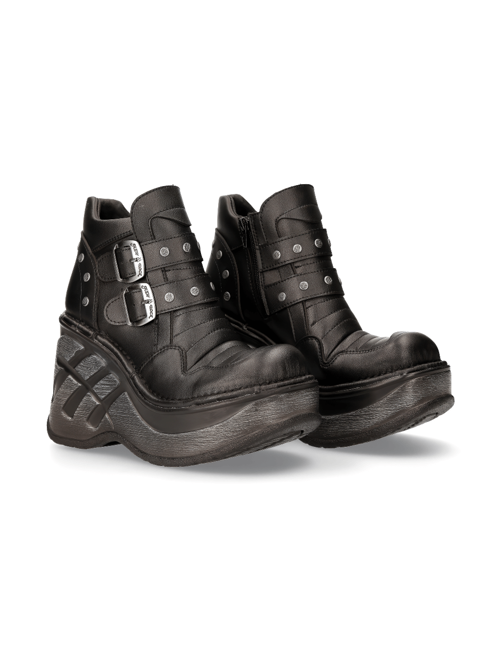 Stylish NEW ROCK women's black gothic zip-up ankle boots with wedge heels and buckles, perfect for edgy fashion.