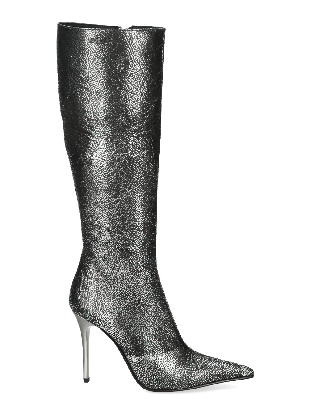 Sleek gray leather pointed toe knee-high boots with a stiletto heel and zipper closure for women. Stylish and elegant footwear.