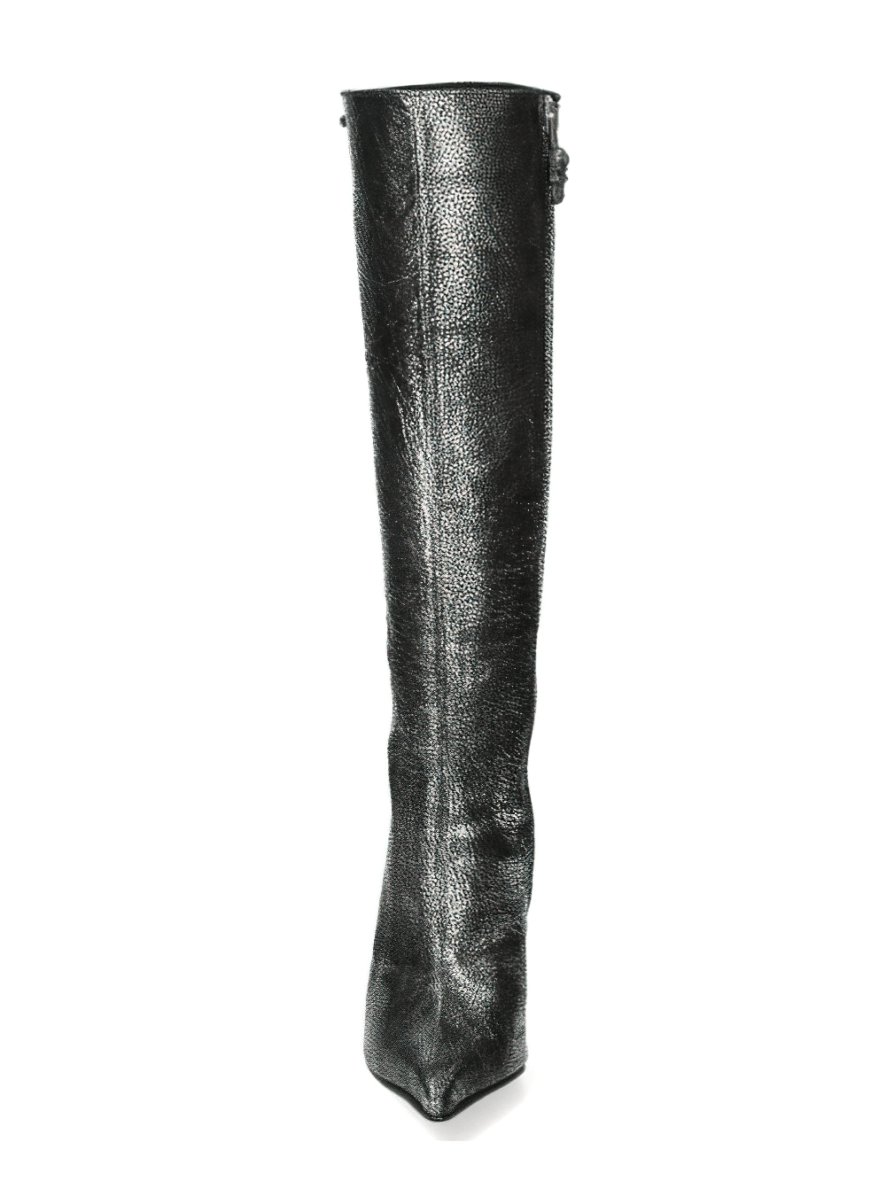 Sleek black leather thigh-high pointed toe boot with texture and zipper detail for stylish women's fashion.