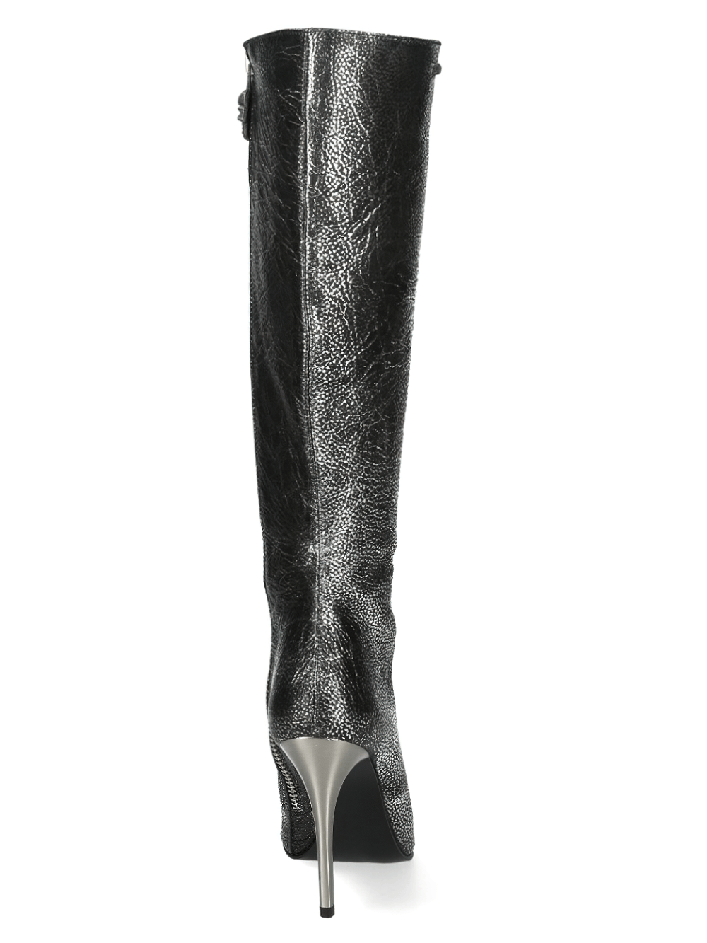 sleek black leather knee-high boots with a pointed toe and high stiletto heel, showcasing elegant gothic-inspired fashion.