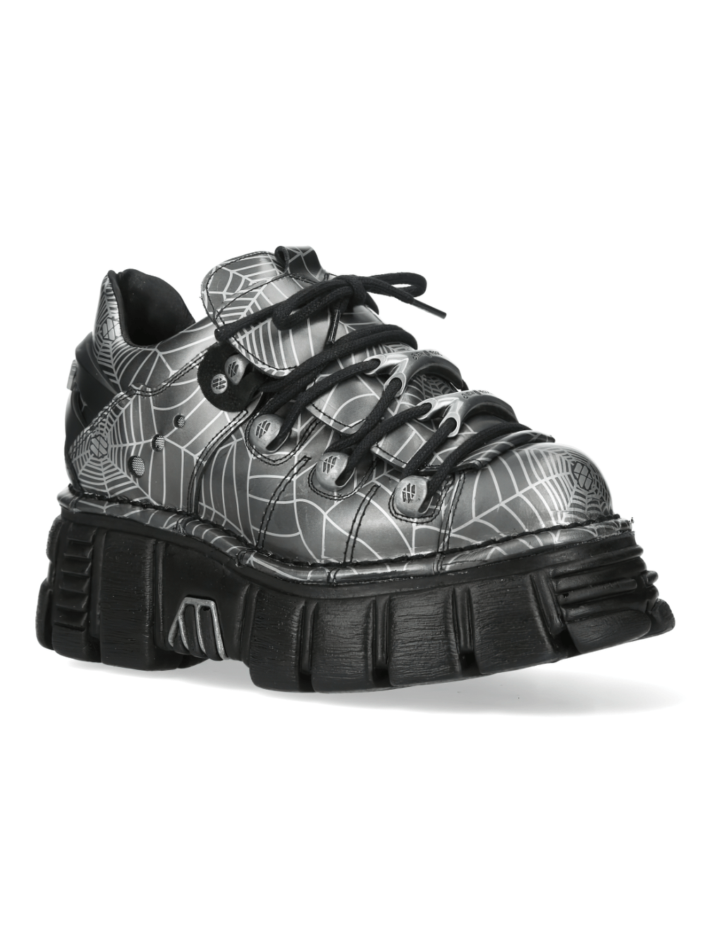 NEW ROCK Women's Gray Spiderweb Shoes with Chunky Tread Sole featuring a striking web print and oversized black tread.