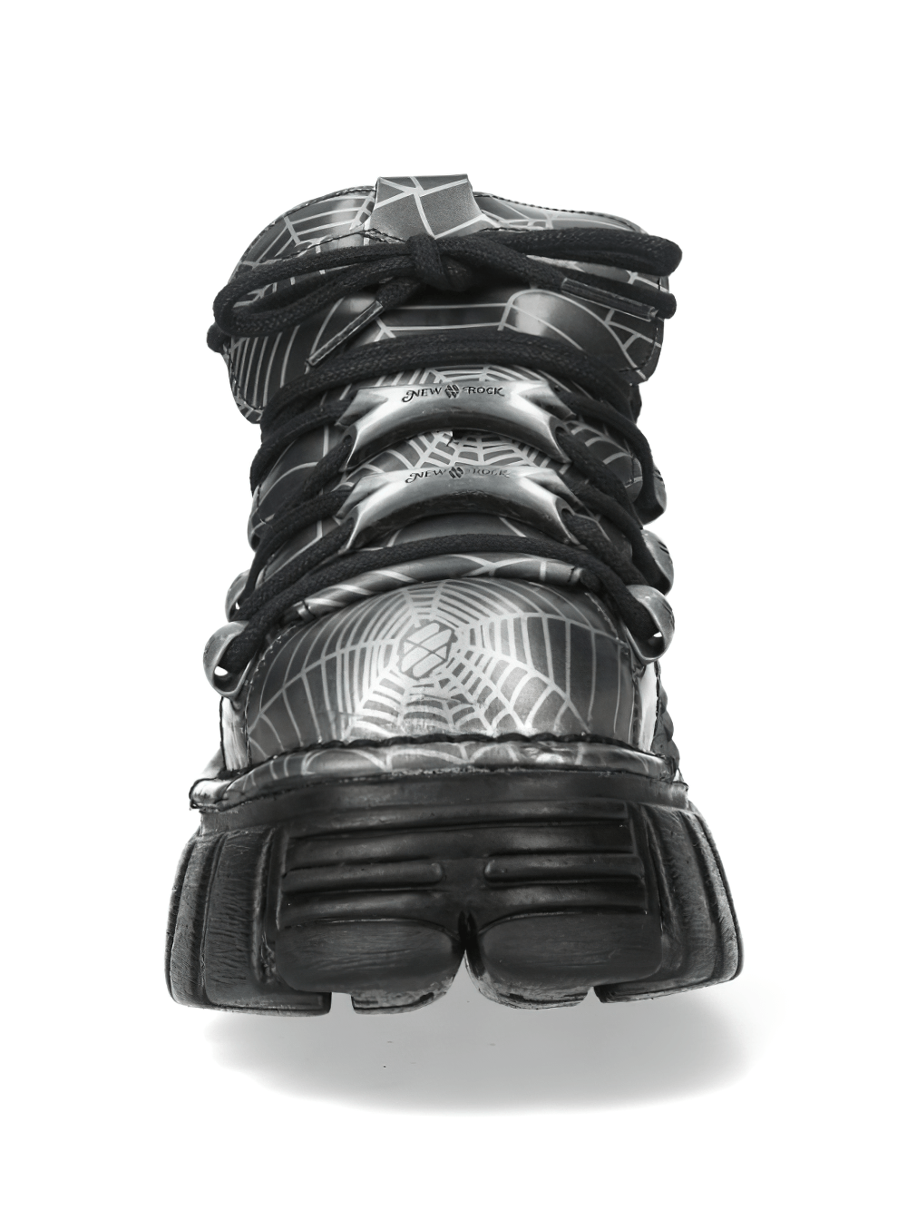 NEW ROCK Women's Gray Spiderweb Shoes with Chunky Tread Sole front view showcasing spiderweb design and chunky sole.