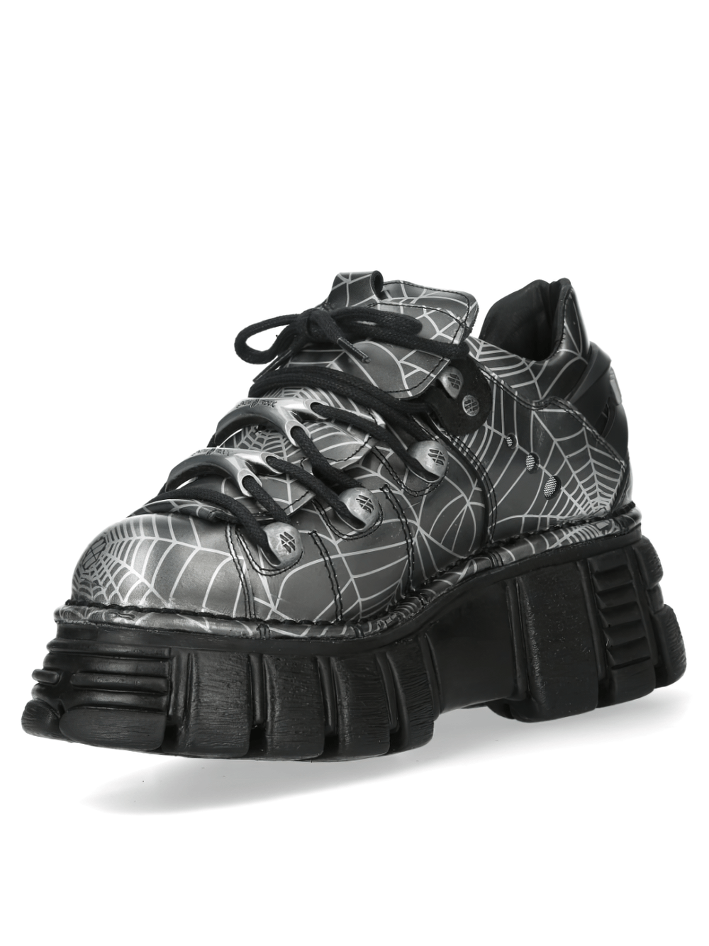 NEW ROCK Women's Gray Spiderweb Shoes with Chunky Tread Sole featuring gothic web print and oversized black tread.