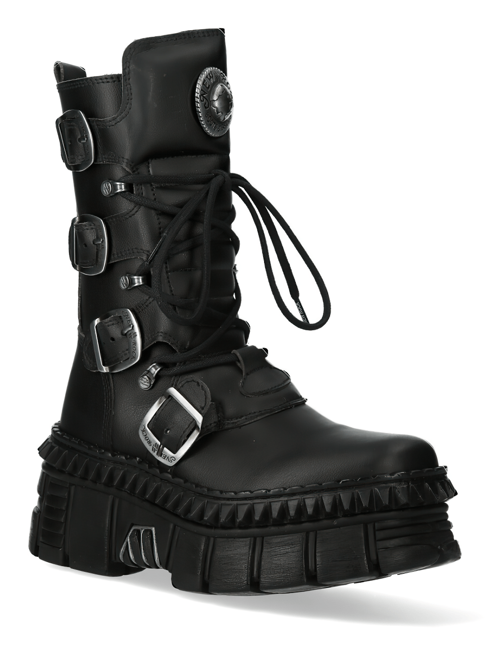 NEW ROCK Women's Industrial Platform Boots with Buckles featuring chunky tread and bold buckle details.