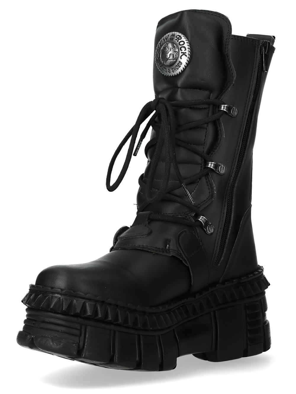 NEW ROCK Women's Industrial Platform Boots with Buckles featuring chunky tread and bold buckle details.