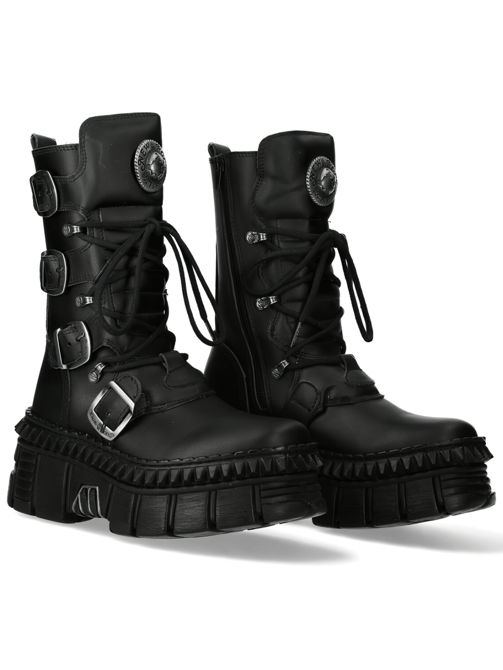 NEW ROCK Women's Industrial Platform Boots with Buckles in black with chunky tread, laces, and bold buckles.