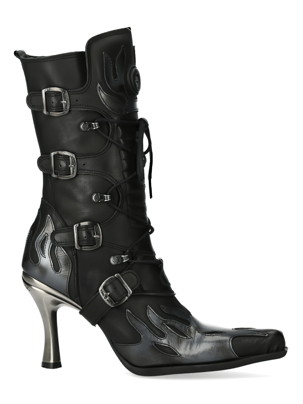 Gothic-inspired women's heeled boots with laces and metallic accents, perfect for a punk rock look.