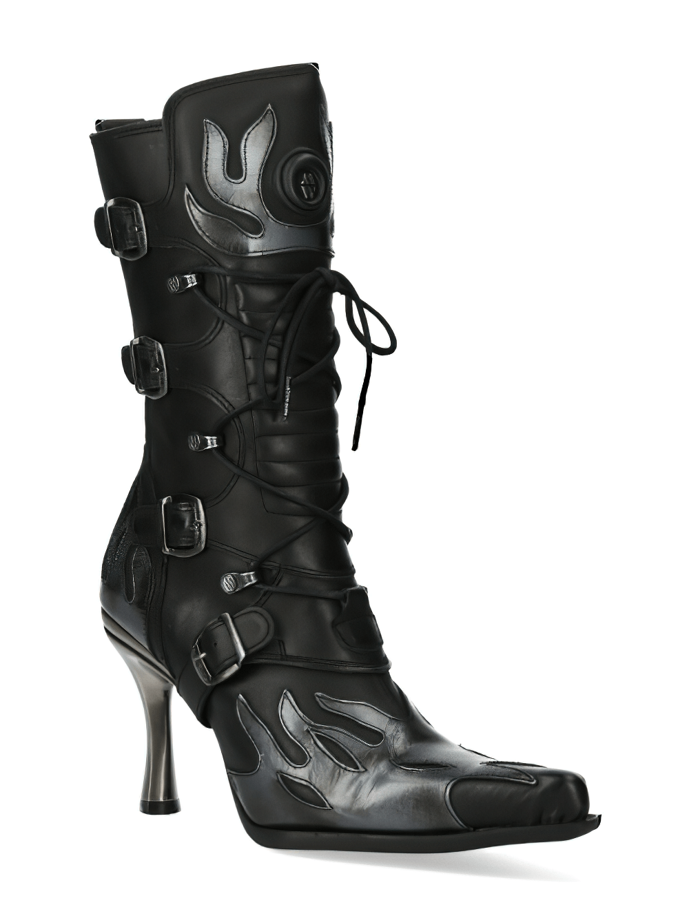 NEW ROCK women's gothic high-heeled boots with metallic accents and laces, perfect for a bold rock star look.