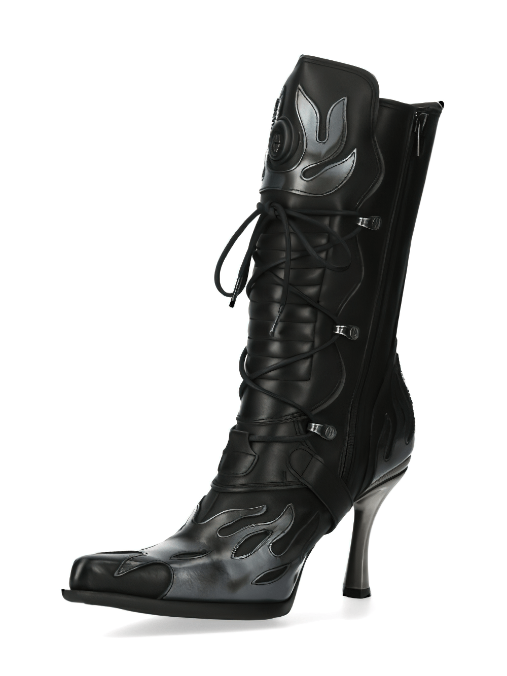 NEW ROCK Women's Laced Heeled Boots with metallic accents, showcasing gothic punk-inspired design and genuine leather.