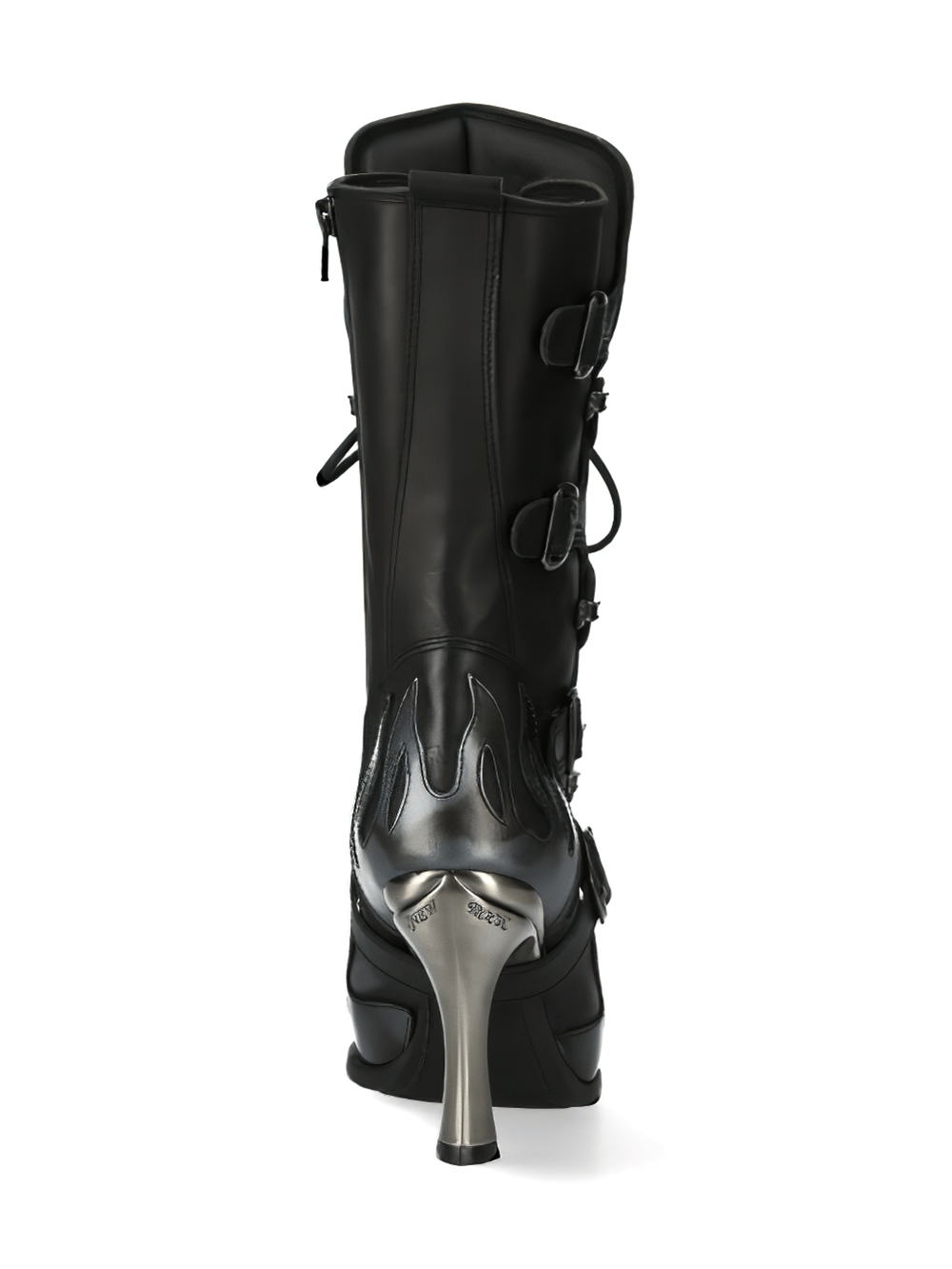 Black high-heeled boots with lace-up design and metallic accents, perfect for a gothic rock-inspired look.