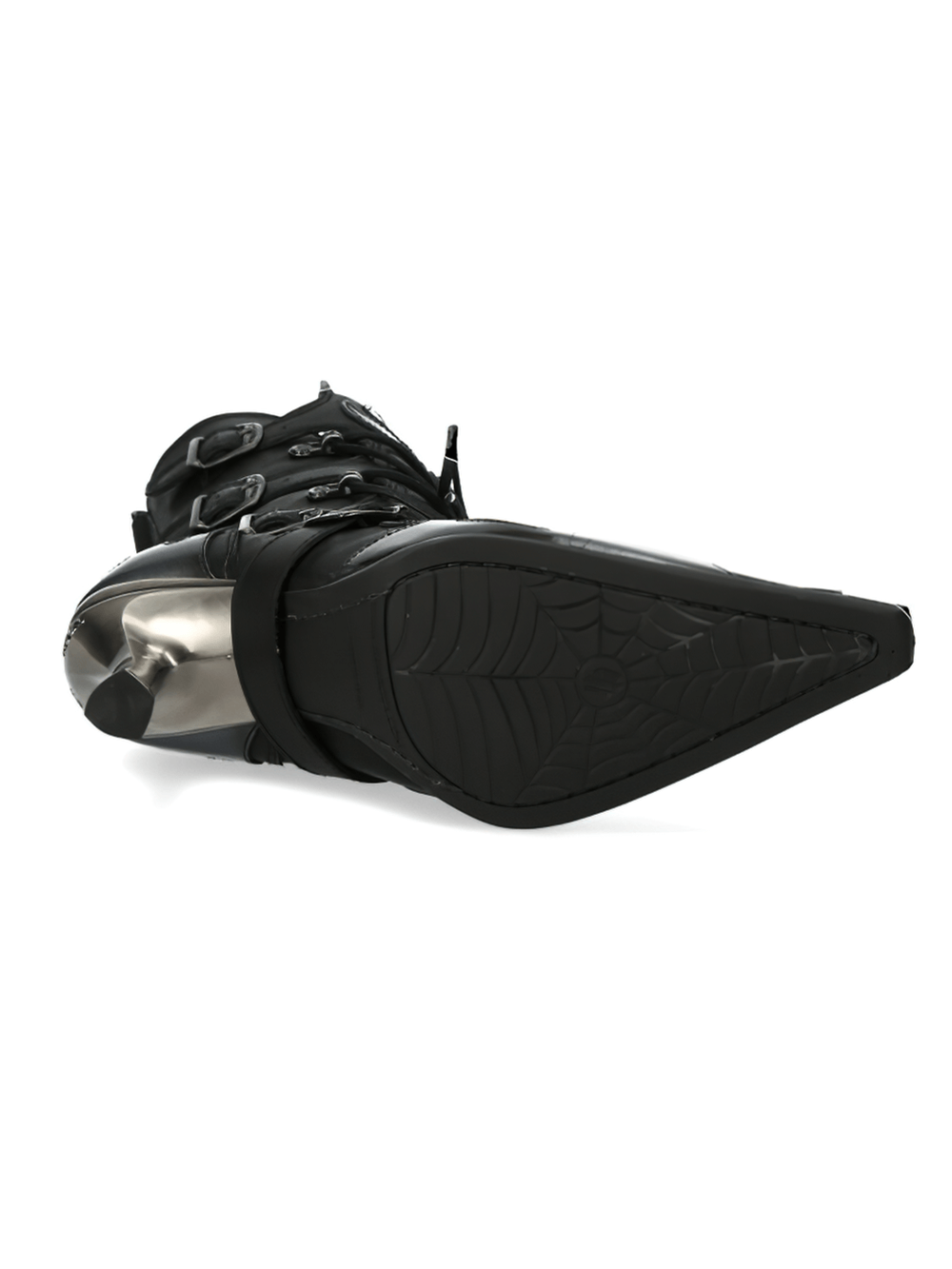 NEW ROCK women's gothic high-heeled boots with laces and metallic accents, shown from the sole perspective.