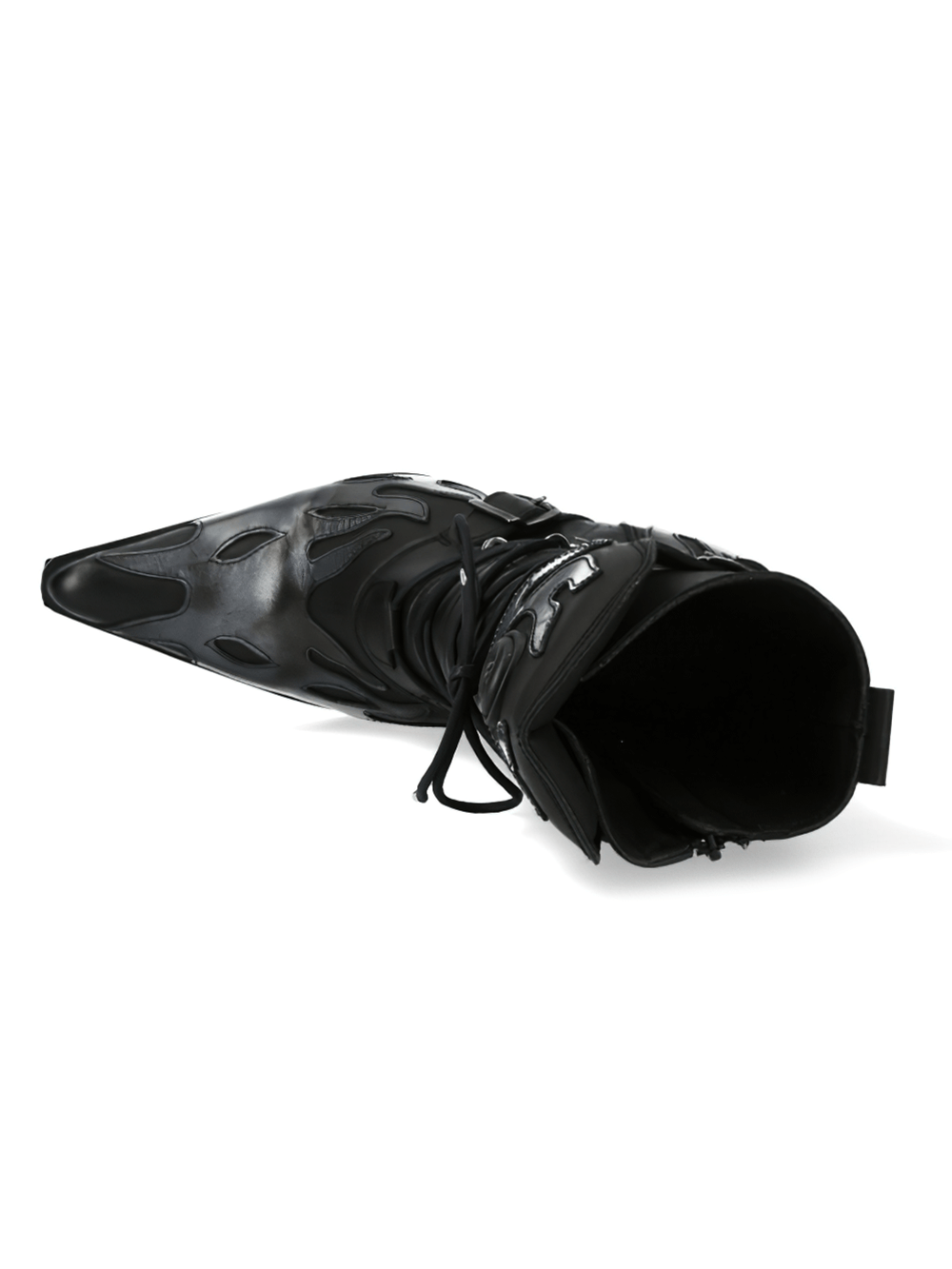 Stylish gothic-inspired black heeled boot with laces and metallic accents, perfect for a punk rock look.