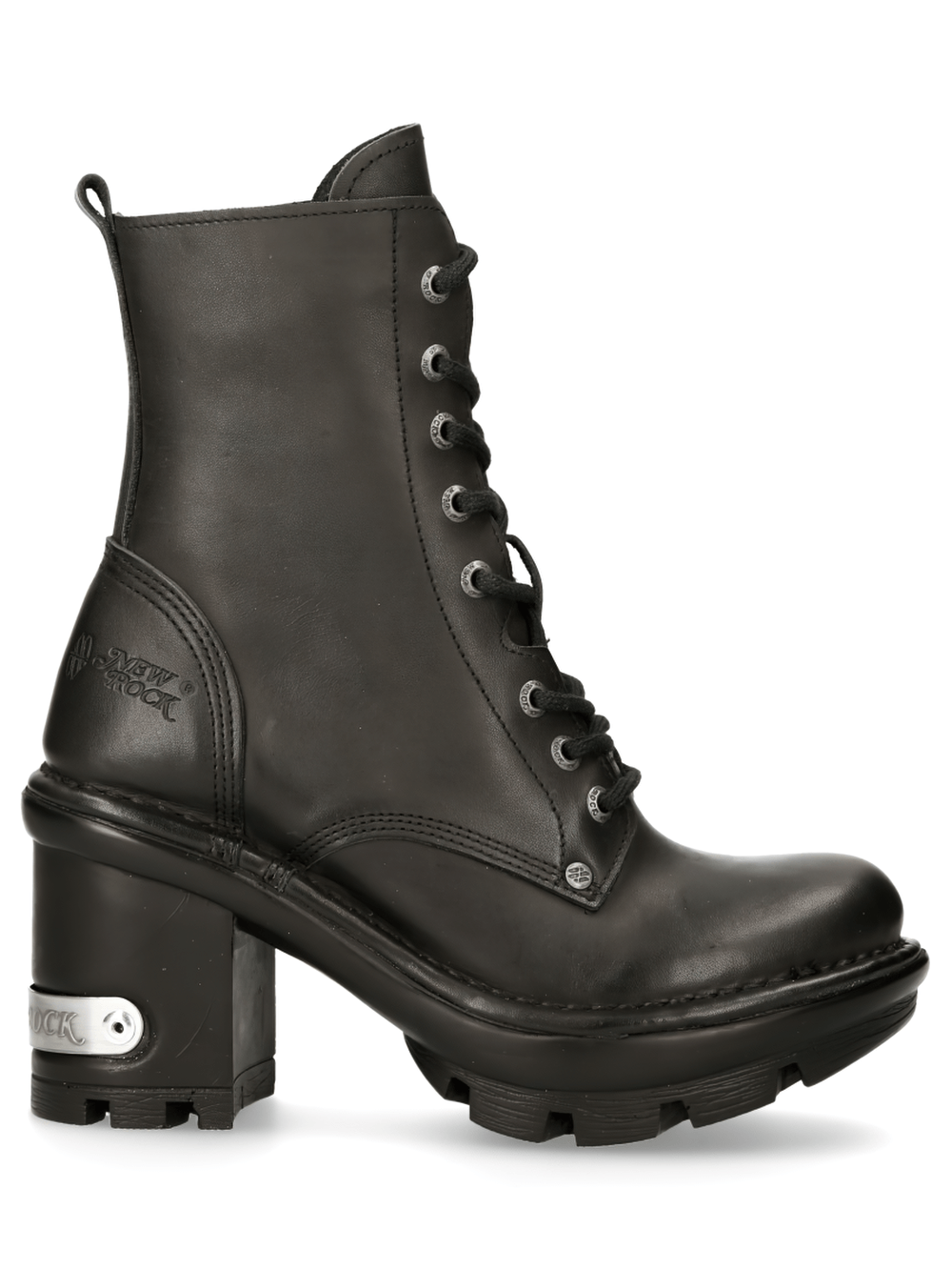 Stylish NEW ROCK Women's Leather Lace-Up Military Ankle Boots in black with robust heel and punk design.