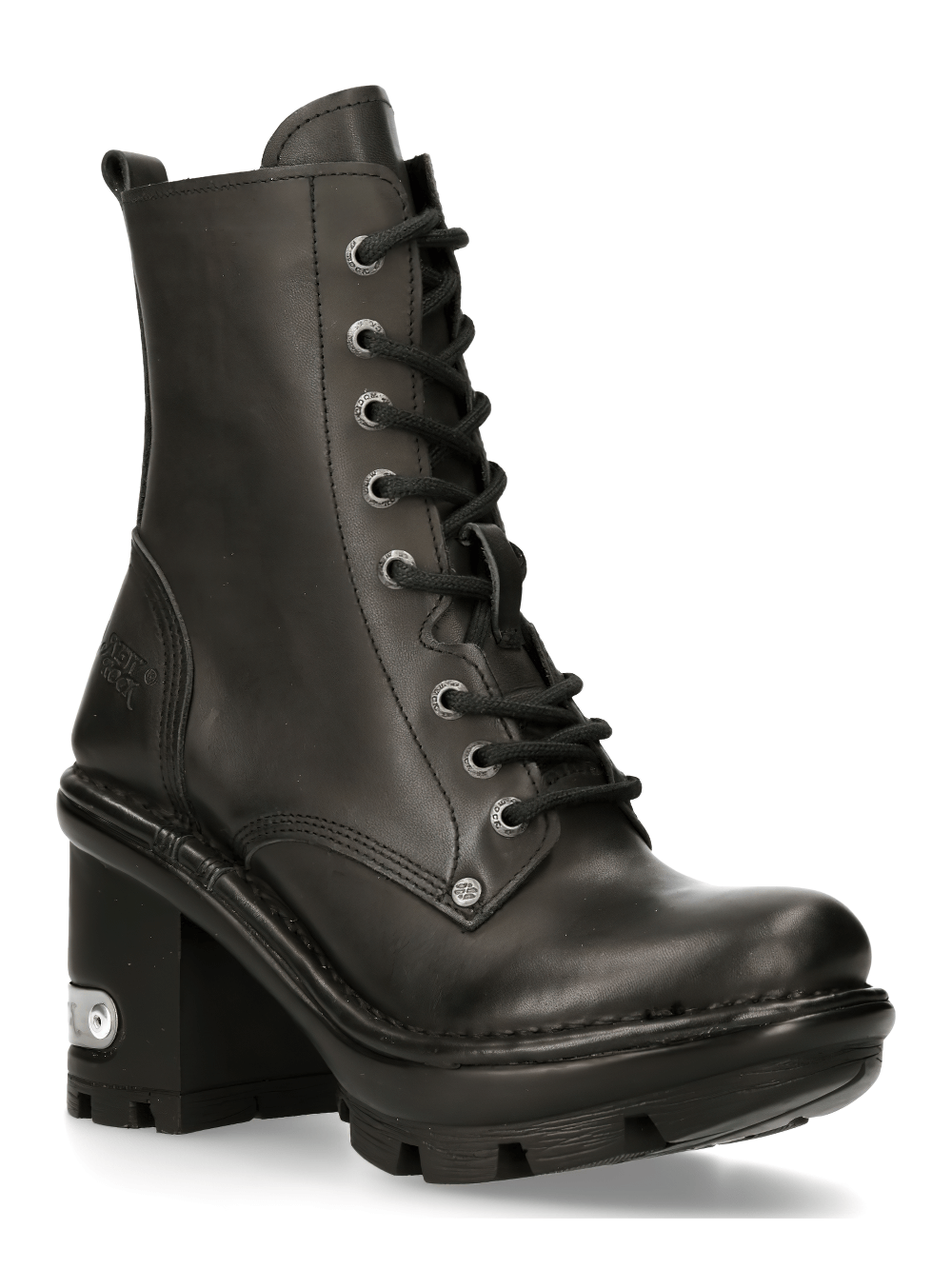 NEW ROCK Women's Black Leather Lace-Up Military Ankle Boots with 9 cm heel and punk style.