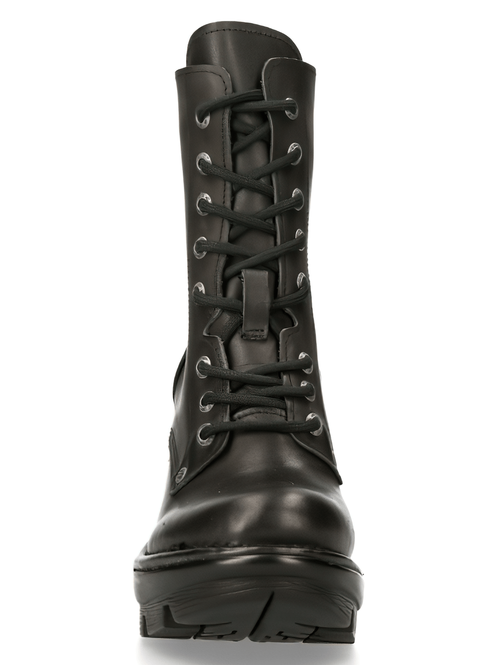 Front view of NEW ROCK Women's Leather Lace-Up Military Ankle Boots in black, showcasing punk and military style.