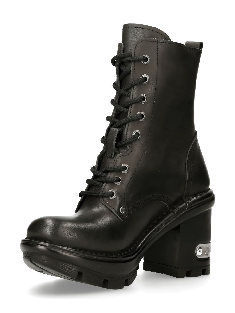 NEW ROCK Women's Black Leather Lace-Up Military Ankle Boots with chunky heel and platform for edgy urban style.