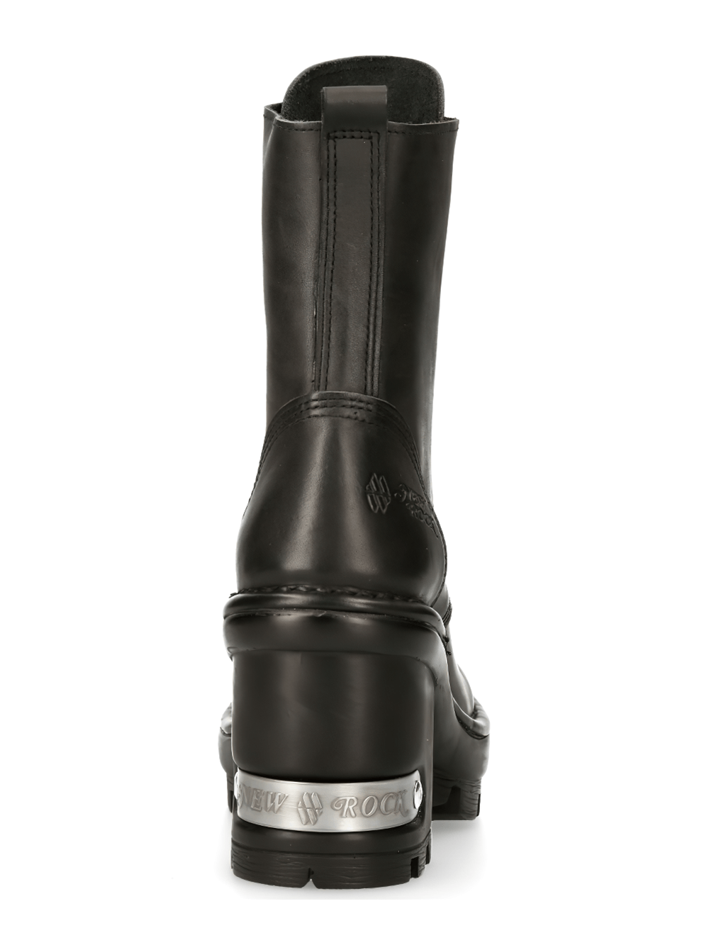 Back view of NEW ROCK Women's Black Leather Military Ankle Boots with a robust heel and stylish design.