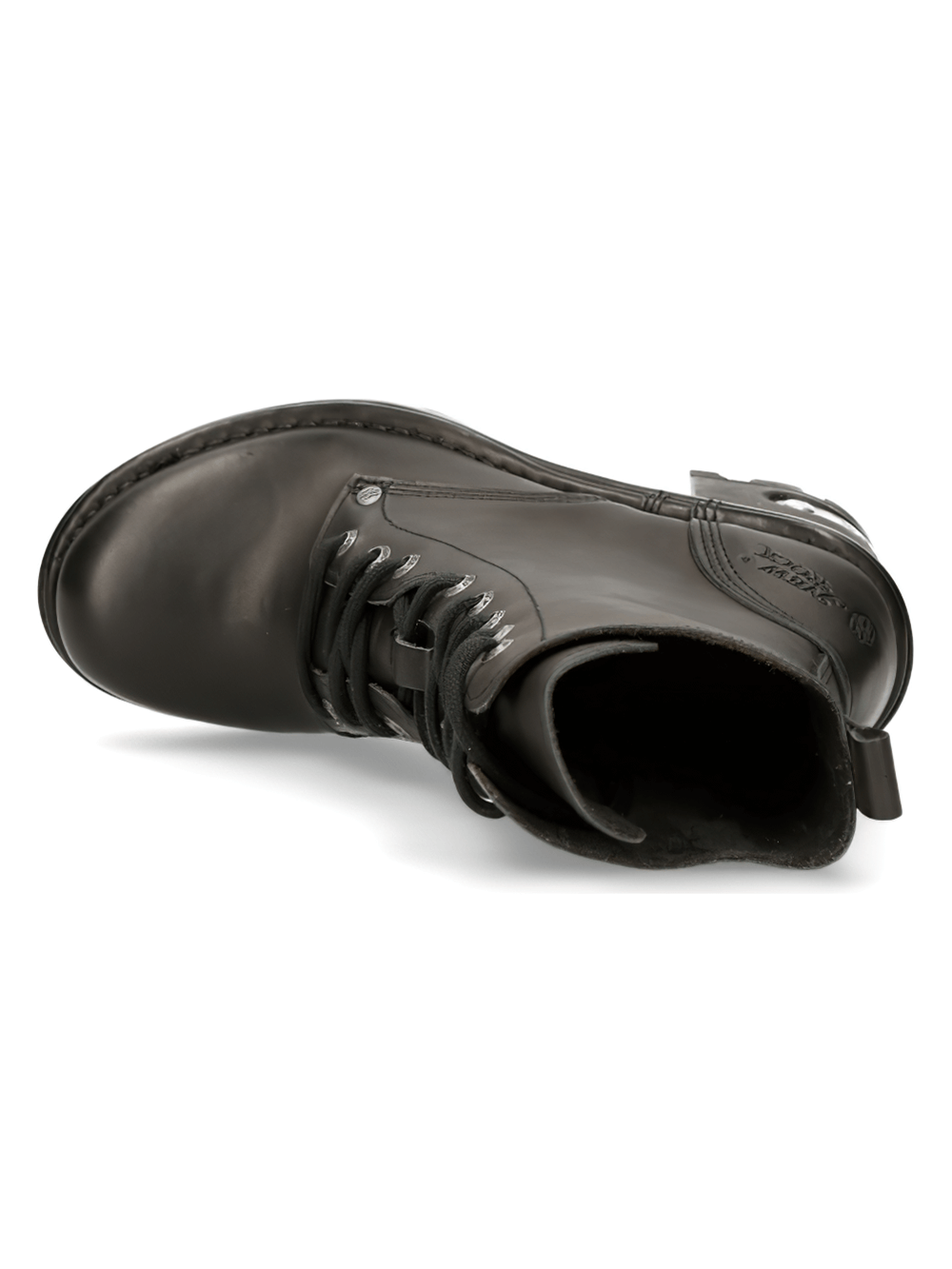 Top view of NEW ROCK Women's Leather Lace-Up Military Ankle Boots in sleek black, showcasing punk-inspired design and comfort.
