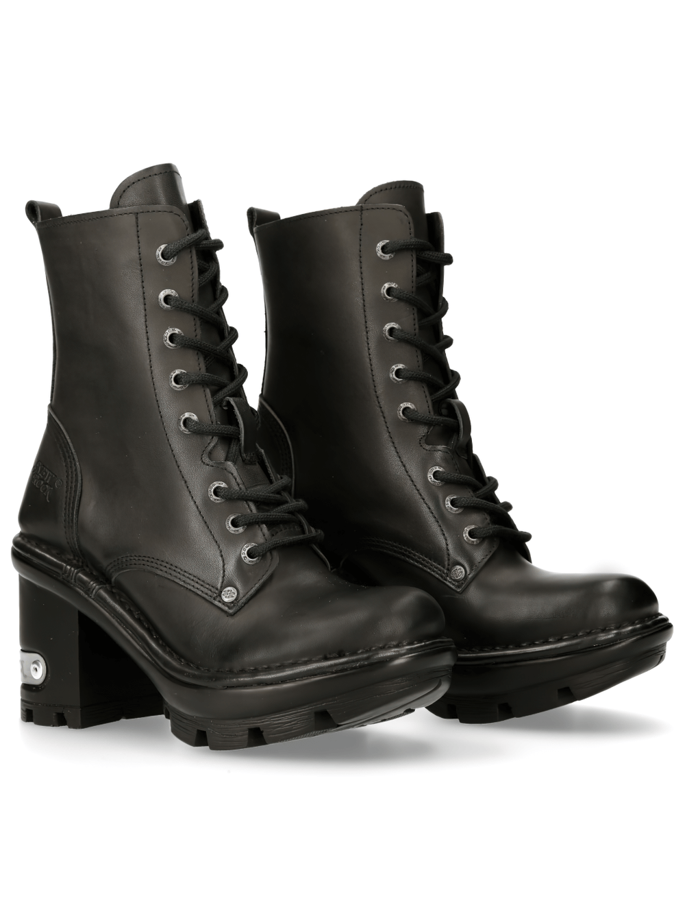 Stylish NEW ROCK women's black leather lace-up military ankle boots with a chunky heel and edgy design.