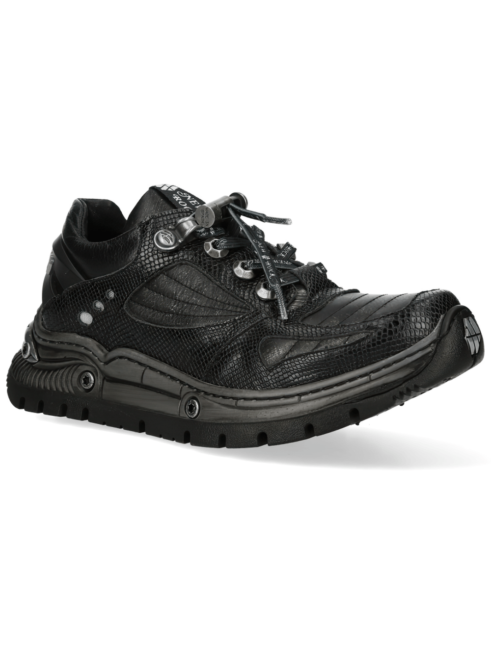 NEW ROCK Women's Low-Top Shoes with Reptile Embossed Panel in black, featuring metal hooks and rugged tread.