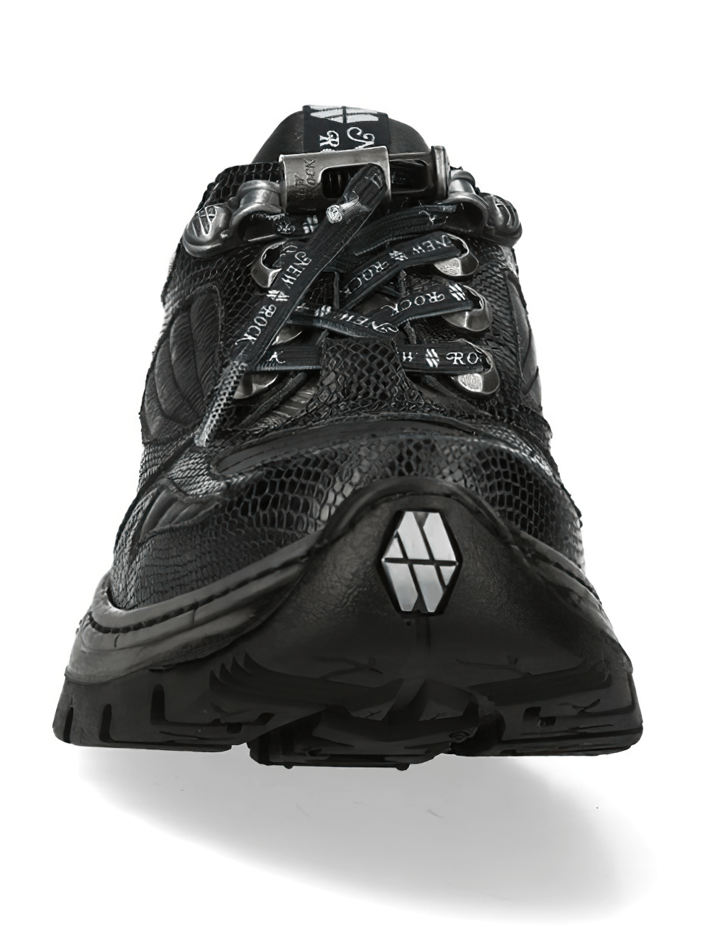 NEW ROCK Women's Low-Top Shoes with Reptile Embossed Panel featuring metal hooks and rugged tread.