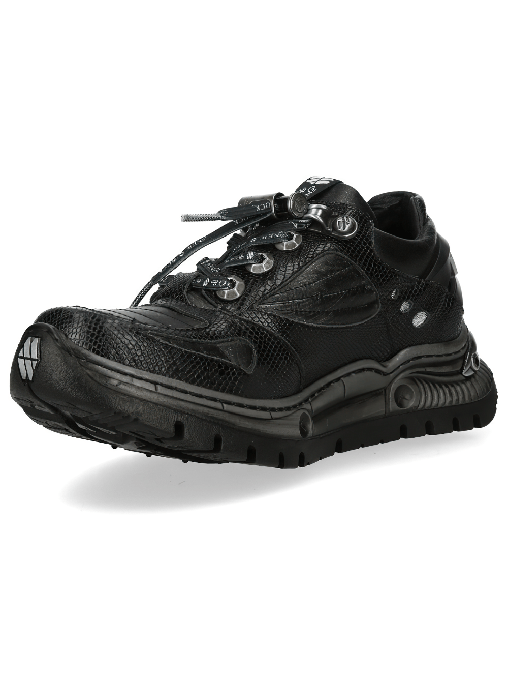 NEW ROCK Women's Low-Top Shoes with Reptile Embossed Panel featuring sleek black design and metal hooks.