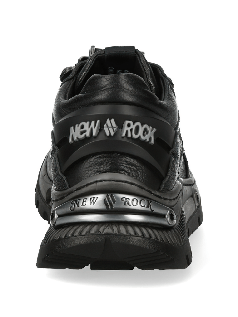 NEW ROCK Women's Low-Top Shoes with Reptile Embossed Panel - black industrial punk sneakers with metallic hooks.