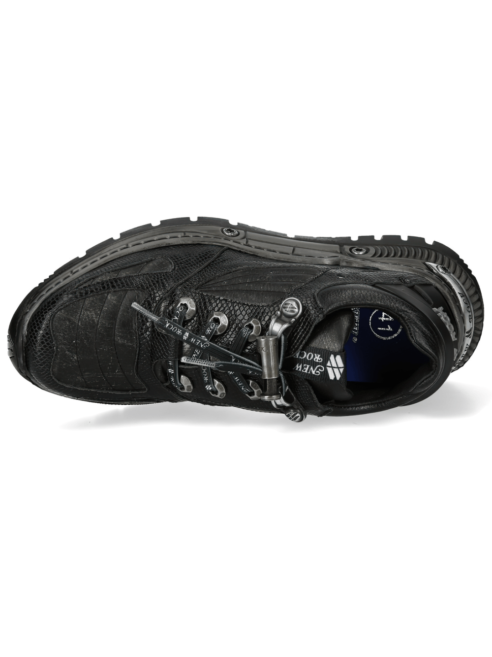 NEW ROCK Women's Low-Top Shoes with Reptile Embossed Panel, showcasing sleek black design and metal hook lacing.