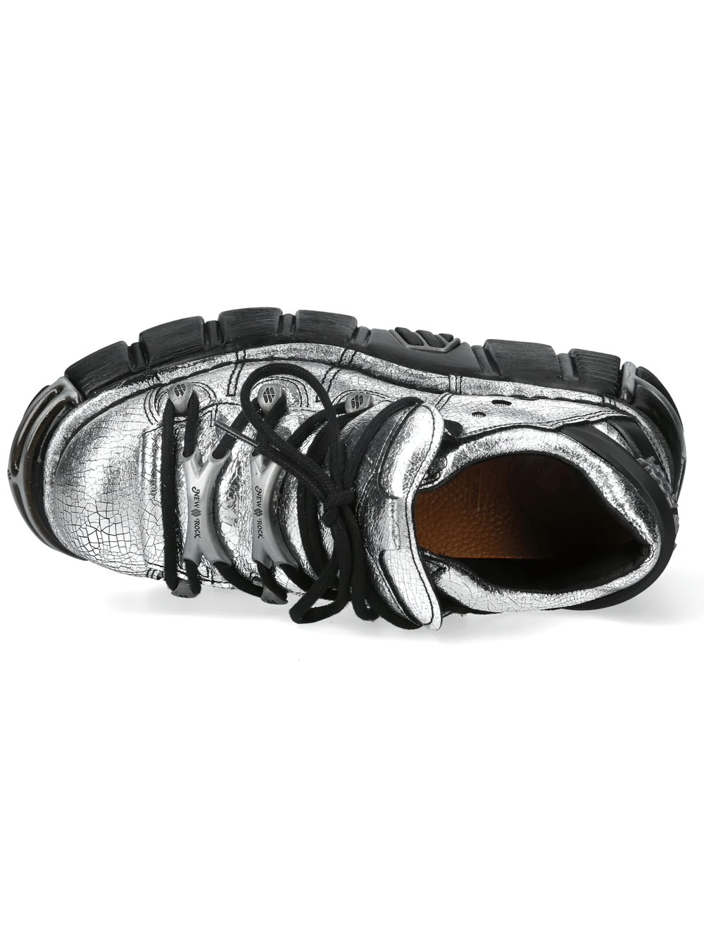 NEW ROCK Women's Metallic Silver Shoes with Chunky Soles top view showcasing lace-up design and industrial accents.