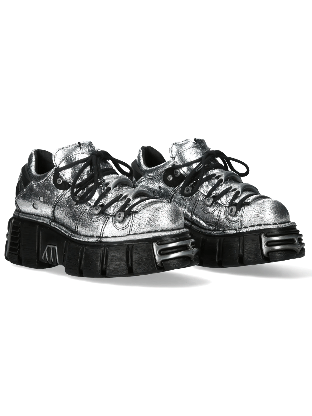 NEW ROCK Women's Metallic Silver Shoes with Chunky Soles featuring a cracked shine and industrial platform design.