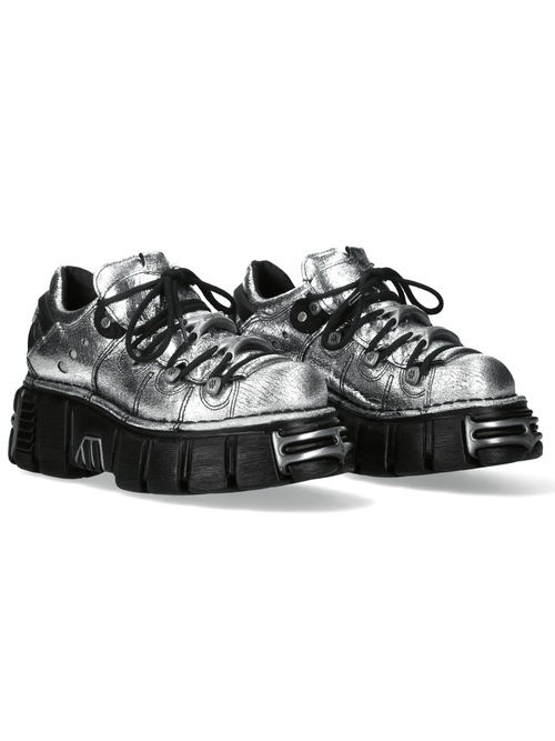 NEW ROCK Damen Metallic Silber Schuhe mit klobigen Sohlen