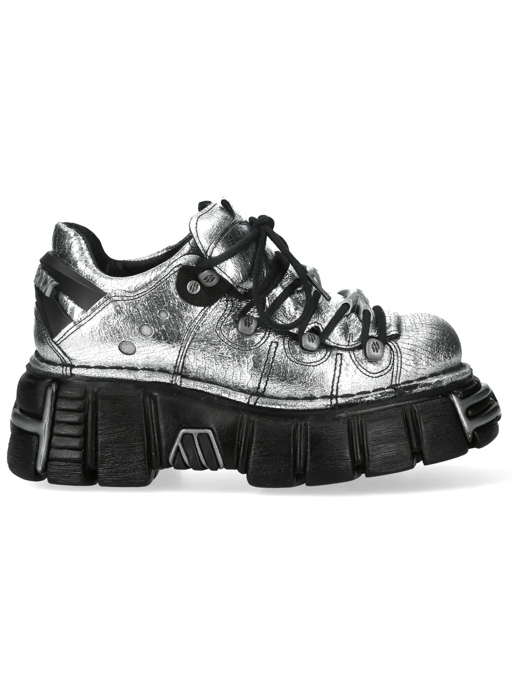 NEW ROCK Women's Metallic Silver Shoes with Chunky Soles showcasing a bold industrial platform and lace-up design.