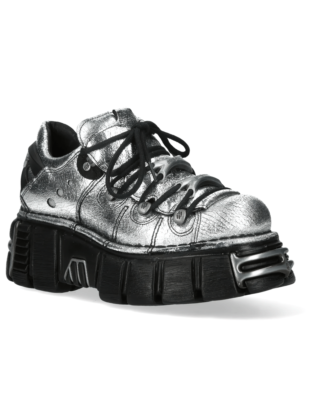 NEW ROCK Women's Metallic Silver Shoes with Chunky Soles featuring lace-up front and industrial black platform.