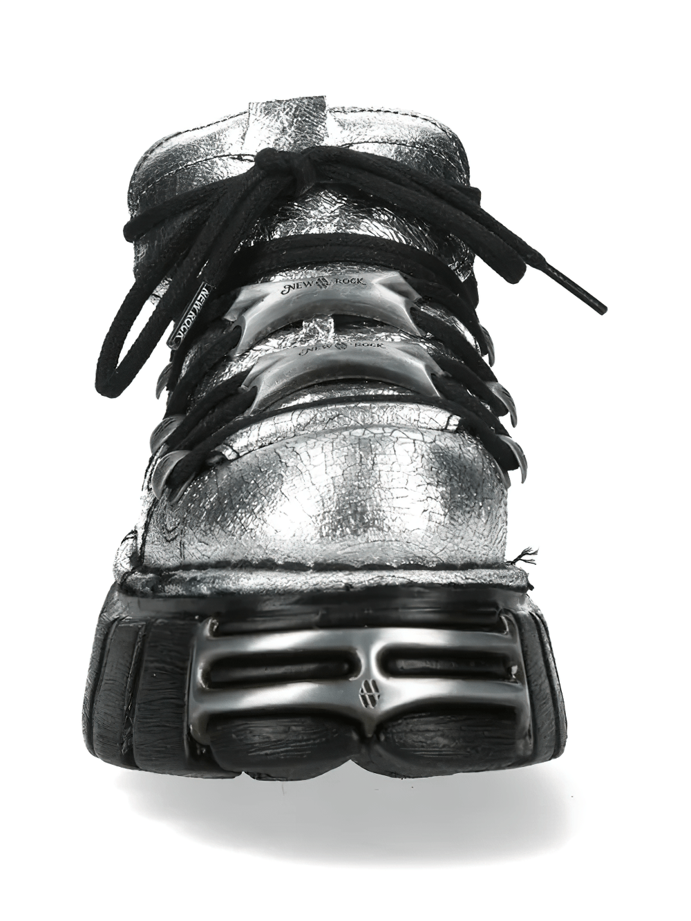 NEW ROCK Women's Metallic Silver Shoes with Chunky Soles with lace-up front and industrial platform sole.