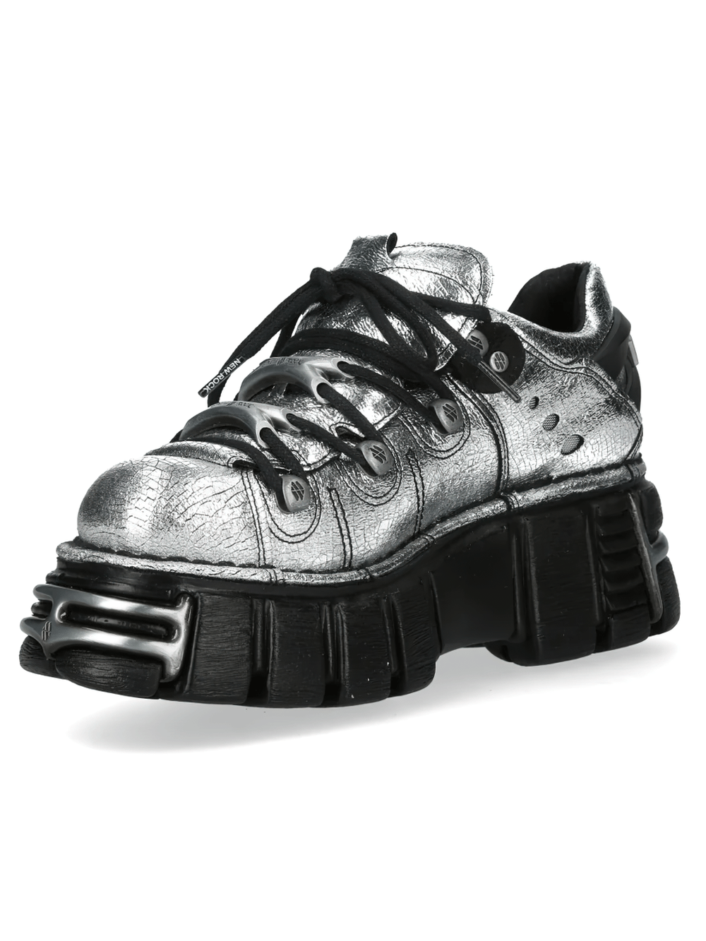 NEW ROCK Women's Metallic Silver Shoes with Chunky Soles, featuring industrial platform and lace-up design.