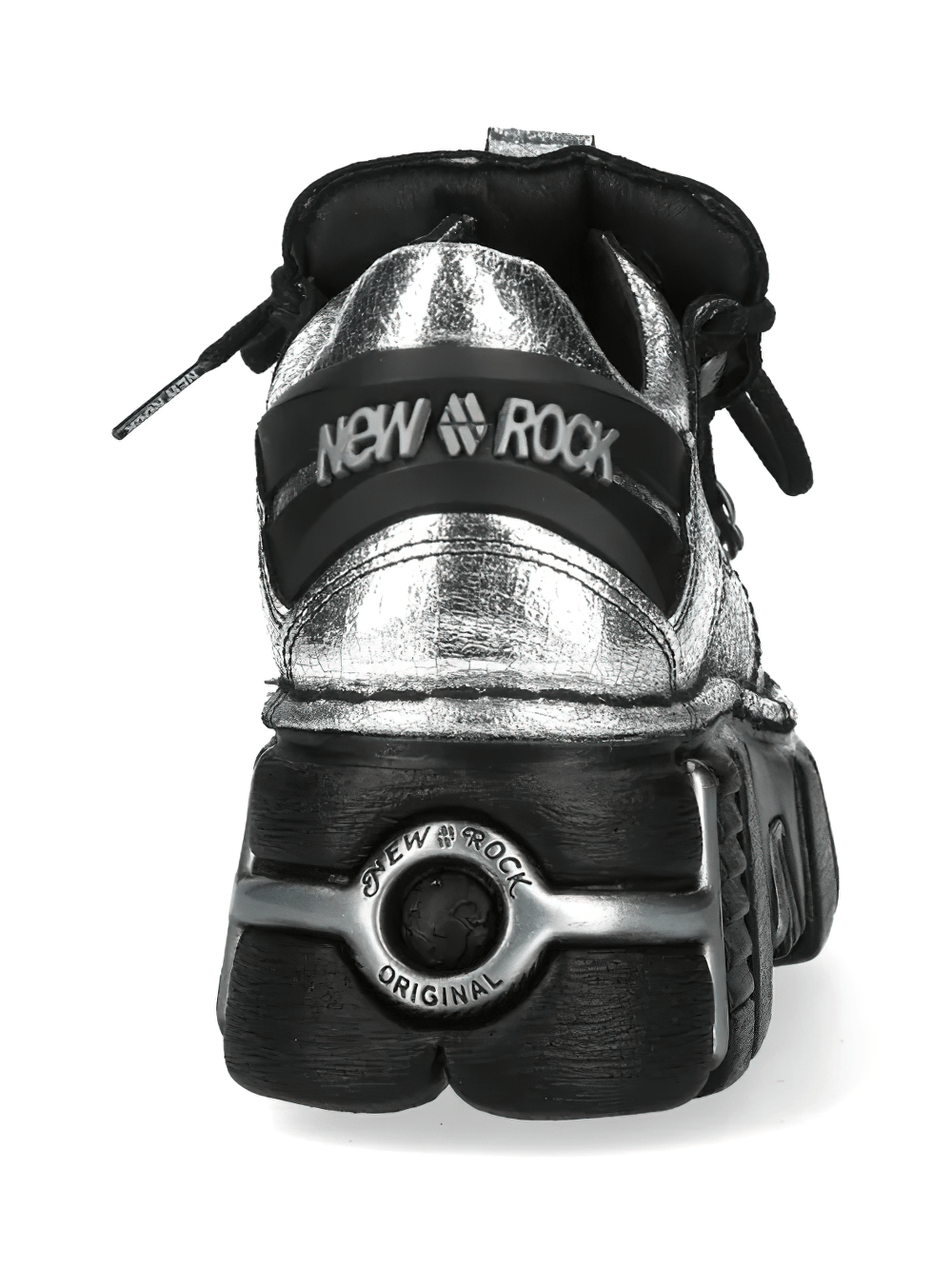 NEW ROCK Women's Metallic Silver Shoes with Chunky Soles back view showcasing industrial design and shiny finish.